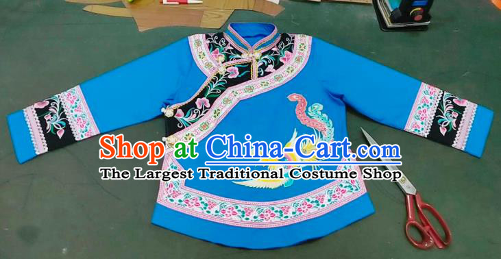 Chinese Guizhou Minority Ethnic Dance Top Wear Bouyei Nationality Embroidered Blue Blouse Garment Clothing