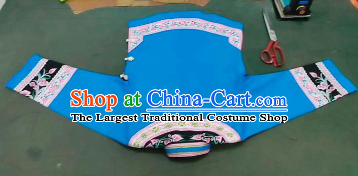 Chinese Guizhou Minority Ethnic Dance Top Wear Bouyei Nationality Embroidered Blue Blouse Garment Clothing