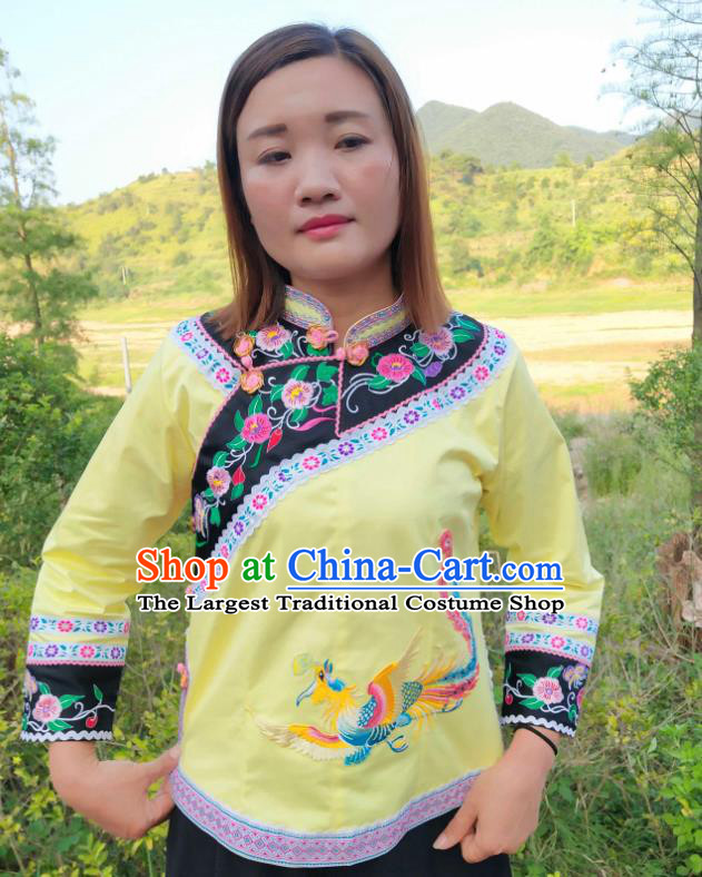 Chinese Guizhou Ethnic Embroidered Phoenix Yellow Blouse Bouyei Nationality Female Top Garment