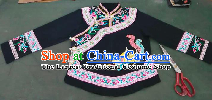 Chinese Baise Minority Ethnic Dance Wear Zhuang Nationality Embroidered Black Blouse Folk Dance Top Garment