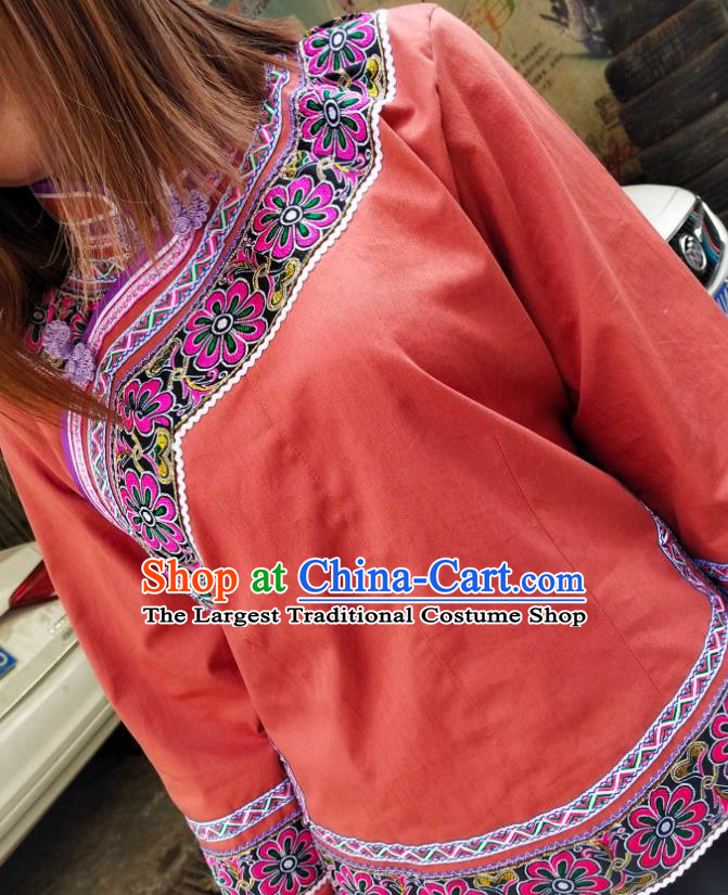 Chinese Guizhou Minority Top Wear Bouyei Nationality Embroidered Jacinth Blouse Ethnic Garment