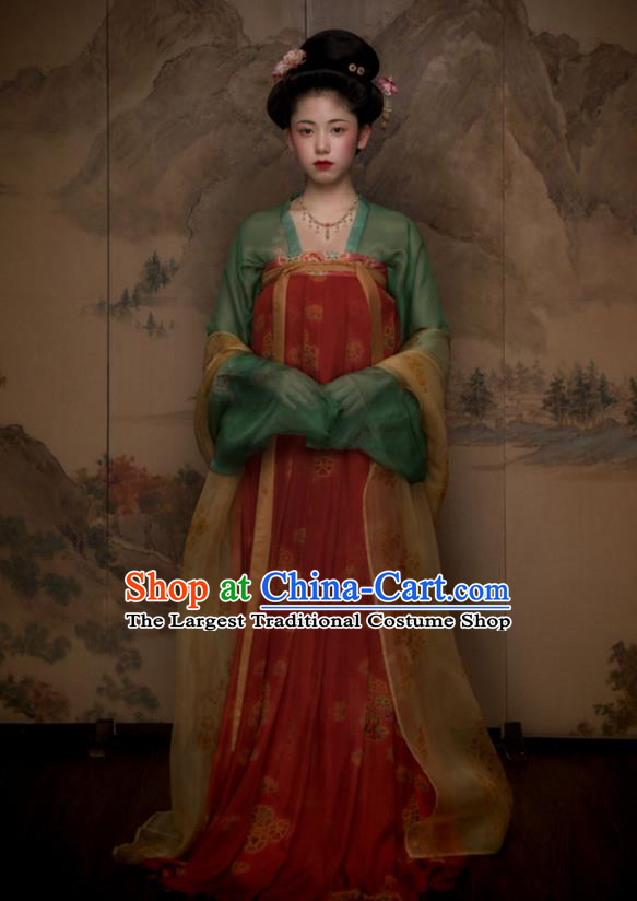 China Ancient Court Woman Red Hanfu Dress Traditional Tang Dynasty Princess Historical Garment Costumes and Handmade Headpieces