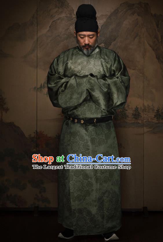 China Ancient Elderly Ministry Councillor Green Round Collar Robe Traditional Tang Dynasty Historical Garment Costume and Hat