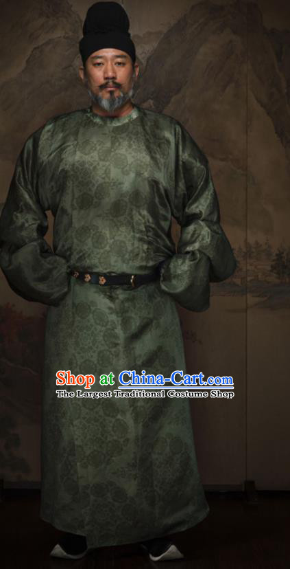 China Ancient Elderly Ministry Councillor Green Round Collar Robe Traditional Tang Dynasty Historical Garment Costume and Hat