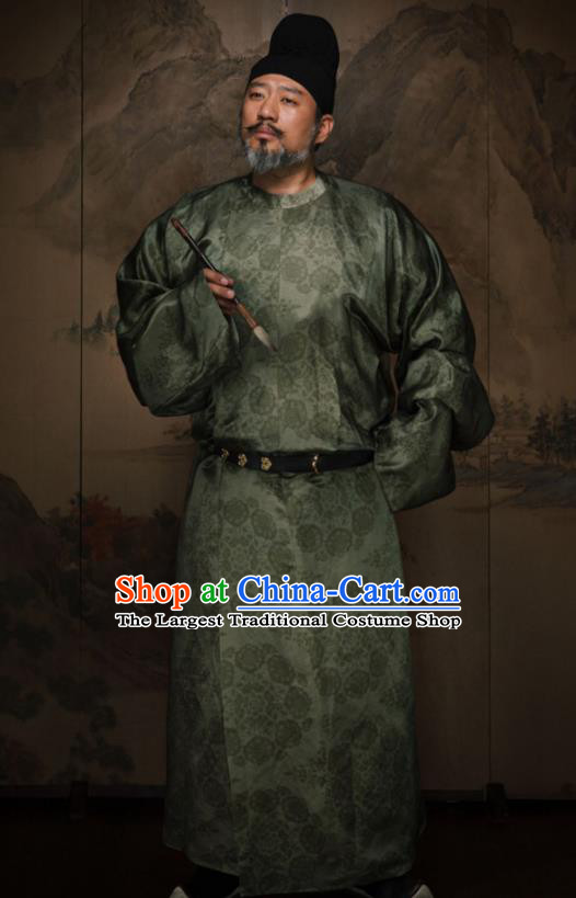 China Ancient Elderly Ministry Councillor Green Round Collar Robe Traditional Tang Dynasty Historical Garment Costume and Hat