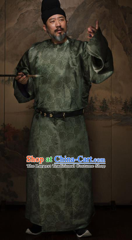 China Ancient Elderly Ministry Councillor Green Round Collar Robe Traditional Tang Dynasty Historical Garment Costume and Hat