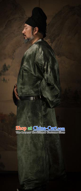 China Ancient Elderly Ministry Councillor Green Round Collar Robe Traditional Tang Dynasty Historical Garment Costume and Hat