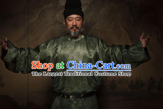 China Ancient Elderly Ministry Councillor Green Round Collar Robe Traditional Tang Dynasty Historical Garment Costume and Hat