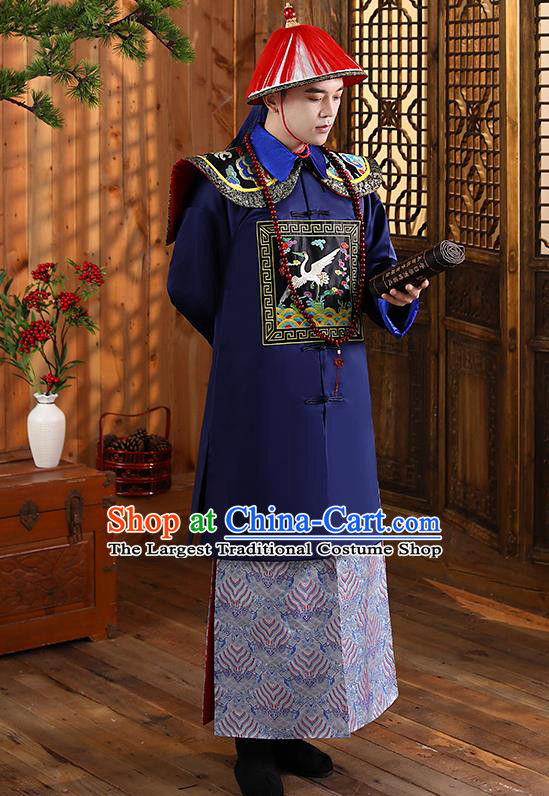 China Qing Dynasty Navy Official Robe Garment Ancient Royal King Historical Clothing and Headwear Full Set
