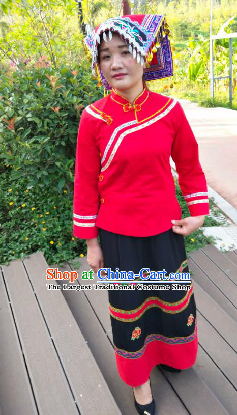 Chinese Traditional Guizhou Ethnic Female Suits Clothing Bouyei Nationality Wedding Dress Red Blouse Blouse and Skirt
