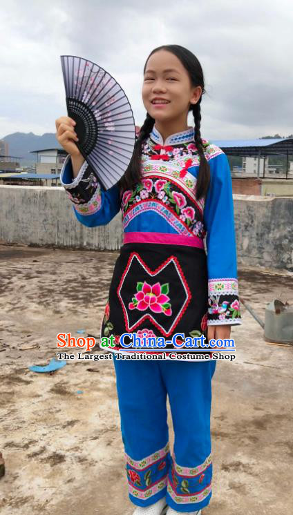 China Traditional Puyi Ethnic Children Dance Clothing Bouyei Nationality Girls Blue Outfits Blouse and Pants