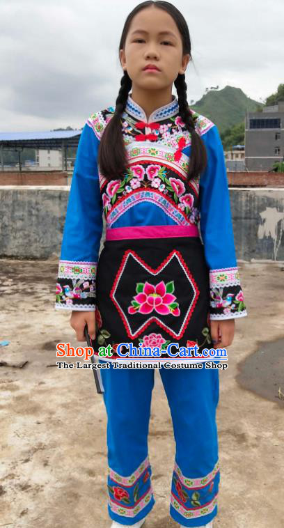 China Traditional Puyi Ethnic Children Dance Clothing Bouyei Nationality Girls Blue Outfits Blouse and Pants