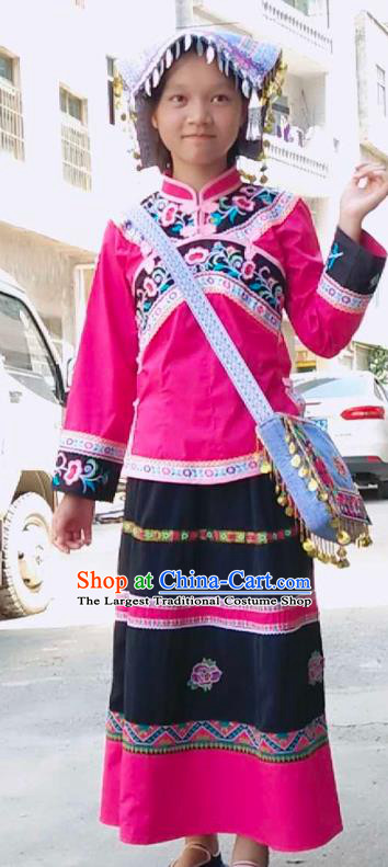 China Bouyei Nationality Girls Outfits Traditional Puyi Ethnic Children Dance Clothing Rosy Blouse and Skirt