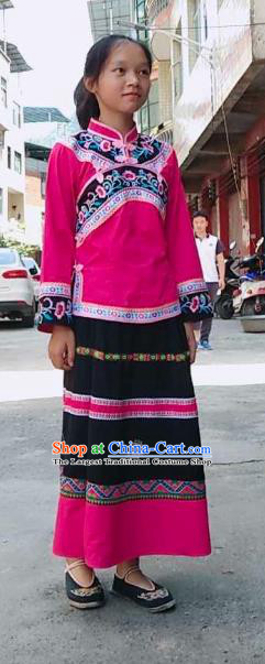 China Bouyei Nationality Girls Outfits Traditional Puyi Ethnic Children Dance Clothing Rosy Blouse and Skirt