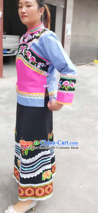 Chinese Bouyei Nationality Blue Blouse and Black Skirt Traditional Guizhou Ethnic Folk Dance Suits Clothing