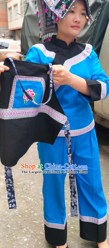 Chinese Traditional Yunnan Ethnic Folk Dance Blue Suits Clothing Bouyei Nationality Blouse and Pants