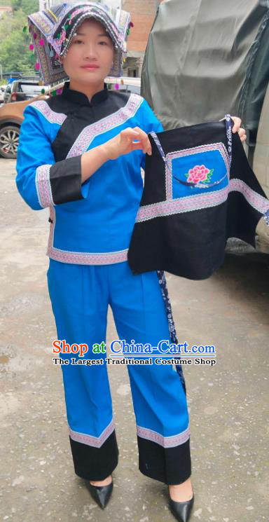 Chinese Traditional Yunnan Ethnic Folk Dance Blue Suits Clothing Bouyei Nationality Blouse and Pants