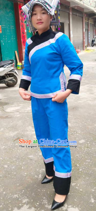 Chinese Traditional Yunnan Ethnic Folk Dance Blue Suits Clothing Bouyei Nationality Blouse and Pants
