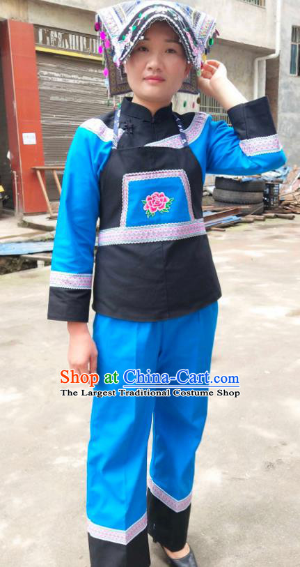 Chinese Traditional Yunnan Ethnic Folk Dance Blue Suits Clothing Bouyei Nationality Blouse and Pants