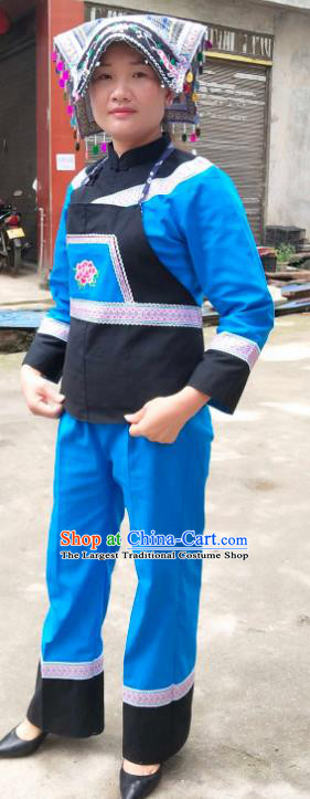 Chinese Traditional Yunnan Ethnic Folk Dance Blue Suits Clothing Bouyei Nationality Blouse and Pants