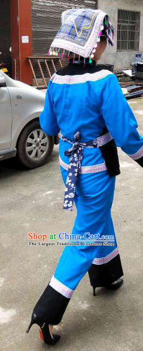 Chinese Traditional Yunnan Ethnic Folk Dance Blue Suits Clothing Bouyei Nationality Blouse and Pants