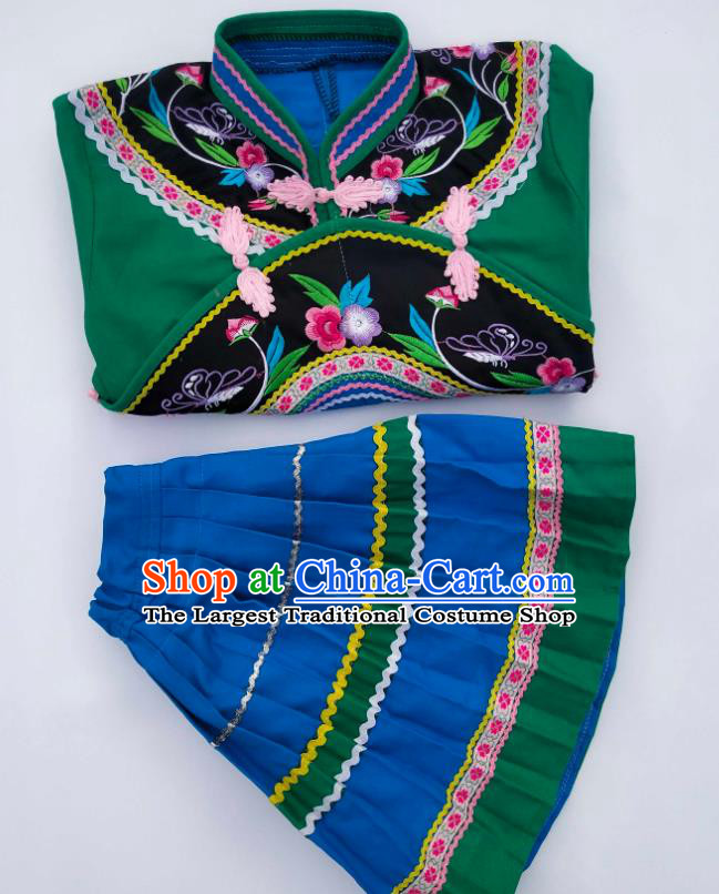 China Bouyei Nationality Green Blouse and Skirt Girls Outfits Traditional Puyi Ethnic Children Dance Clothing