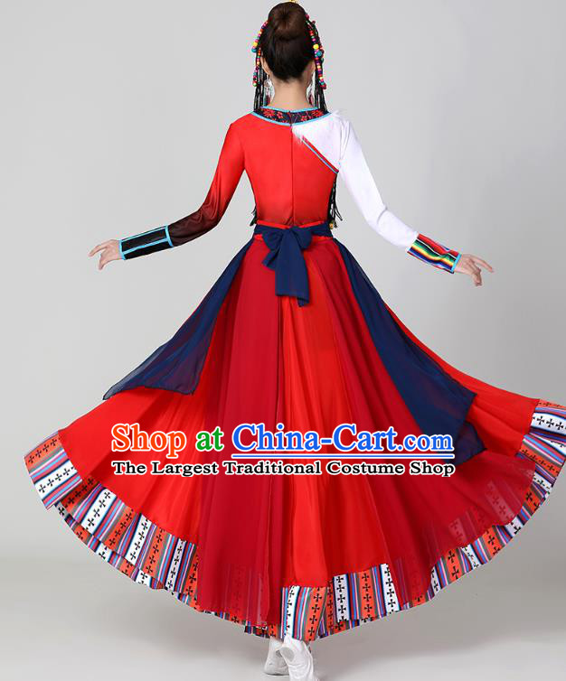 Chinese Tibetan Ethnic Dance Red Dress Traditional Zang Nationality Stage Performance Garments Costume