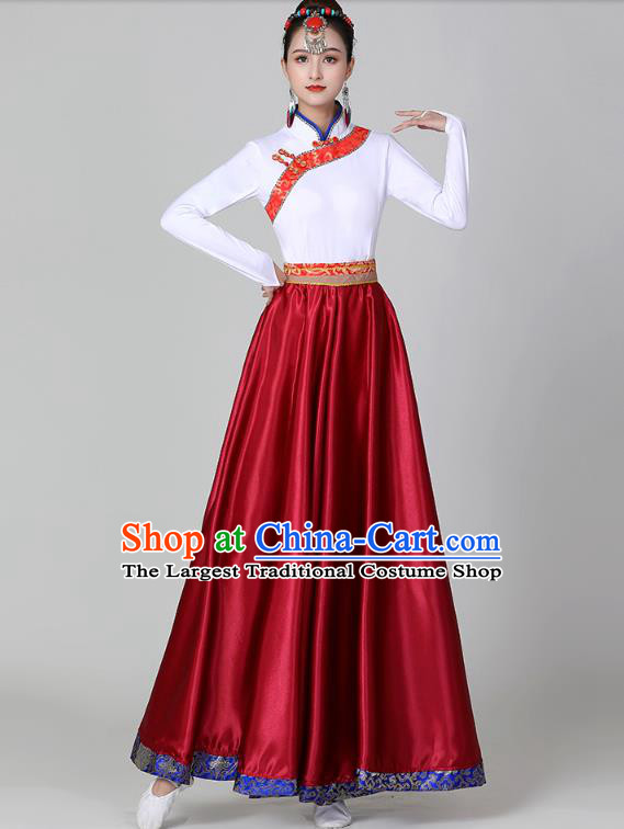 Chinese Tibetan Dance Wine Red Dress Traditional Zang Nationality Suits Ethnic Stage Performance Garments Costume