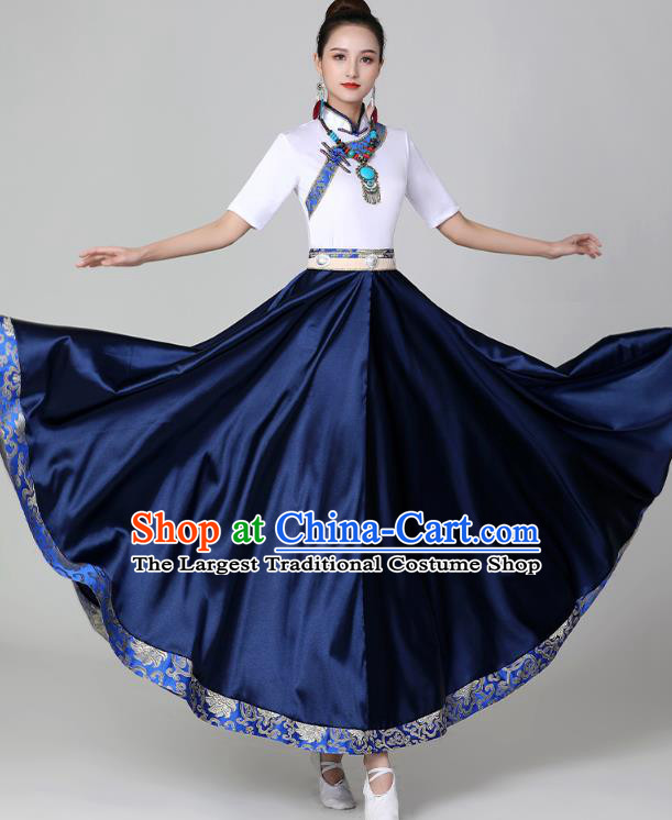 Chinese Ethnic Stage Performance Garments Costume Tibetan Dance Navy Dress Traditional Zang Nationality Suits