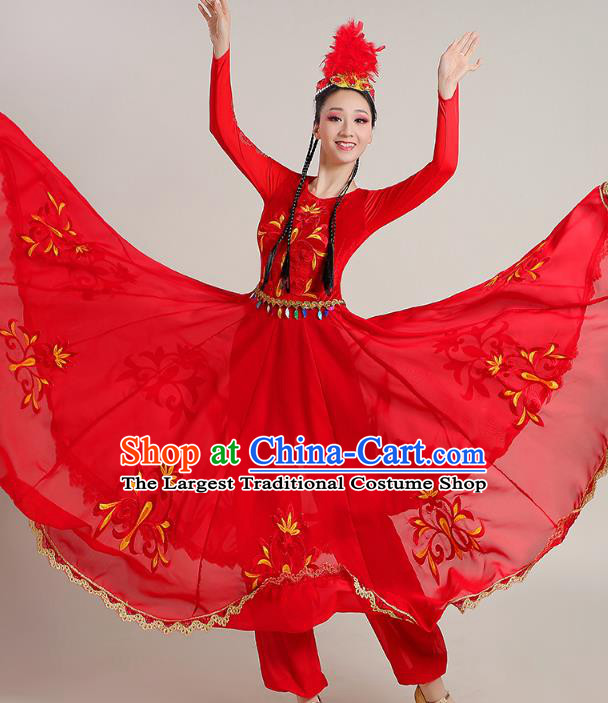 Chinese Xinjiang Dance Red Dress Ethnic Stage Performance Garments Costume Traditional Uygur Nationality Suits