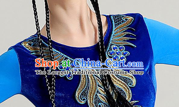Chinese Traditional Uygur Nationality Deep Blue Suits Xinjiang Dance Dress Ethnic Stage Performance Garments Costume