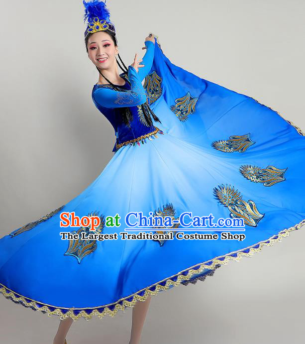 Chinese Traditional Uygur Nationality Deep Blue Suits Xinjiang Dance Dress Ethnic Stage Performance Garments Costume