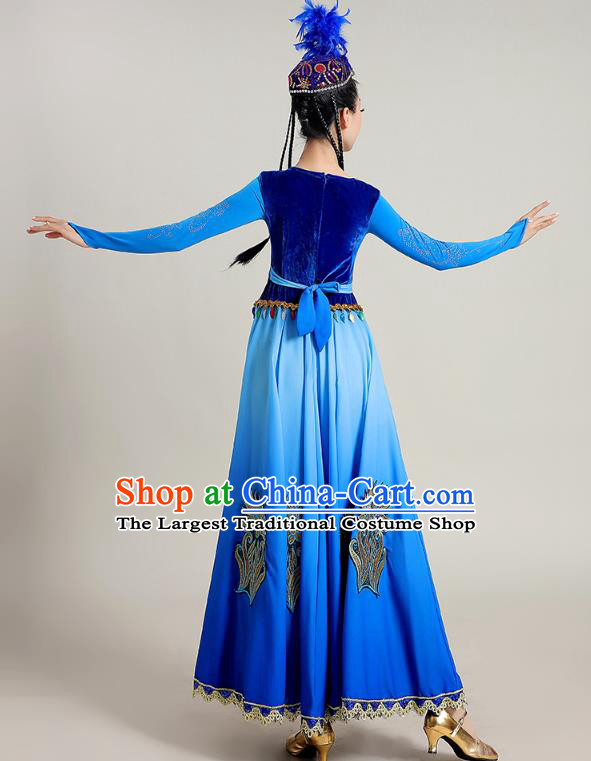 Chinese Traditional Uygur Nationality Deep Blue Suits Xinjiang Dance Dress Ethnic Stage Performance Garments Costume