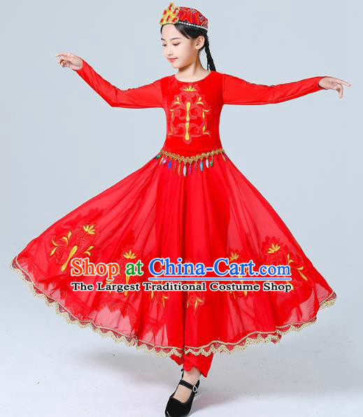 China Uygur Nationality Girls Folk Dance Red Dress Traditional Xinjiang Dance Performance Outfits Clothing
