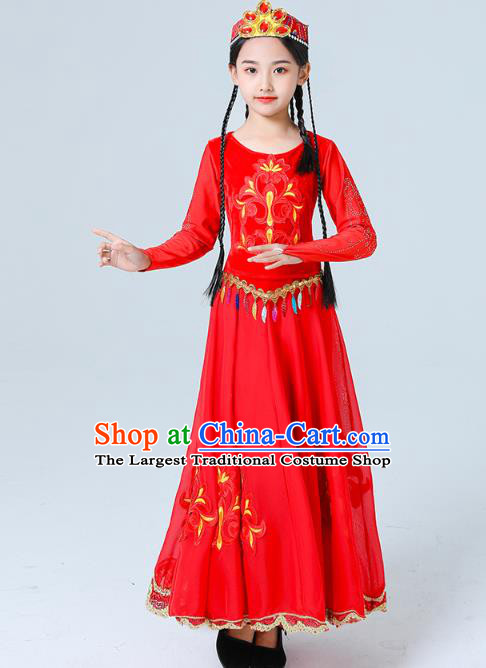 China Uygur Nationality Girls Folk Dance Red Dress Traditional Xinjiang Dance Performance Outfits Clothing