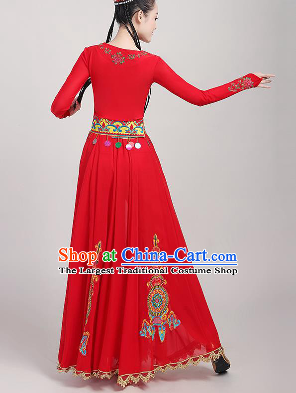 Chinese Xinjiang Dance Red Dress Ethnic Folk Dance Clothing Traditional Uygur Nationality Garments