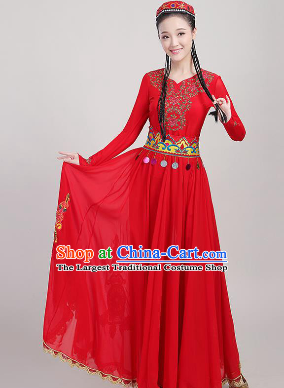 Chinese Xinjiang Dance Red Dress Ethnic Folk Dance Clothing Traditional Uygur Nationality Garments