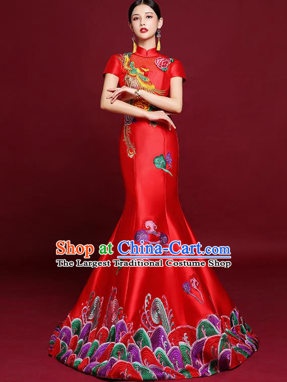 China Catwalks Fashion Modern Cheongsam Clothing Compere Fishtail Qipao Dress Garment Stage Show Red Satin Full Dress