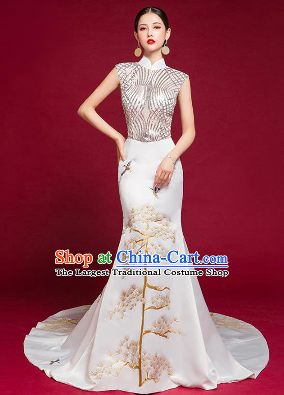 China Embroidered Sequins Cheongsam Clothing Compere Qipao Dress Garment Stage Show Trailing Full Dress Catwalks Fashion