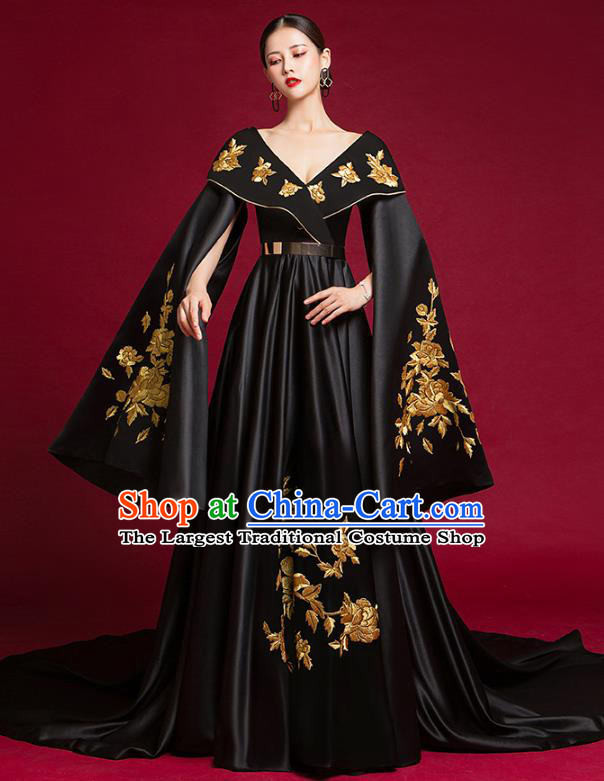 China Stage Show Black Trailing Full Dress Catwalks Fashion Clothing Compere Water Sleeve Dress Garment