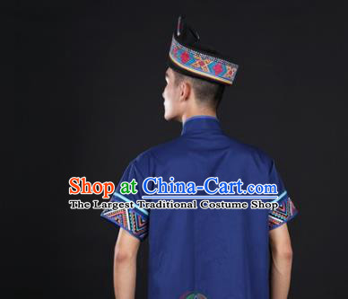 Chinese Traditional Guangxi Ethnic Male Blue Suits Clothing Zhuang Nationality Folk Dance Blue Shirt and Pants
