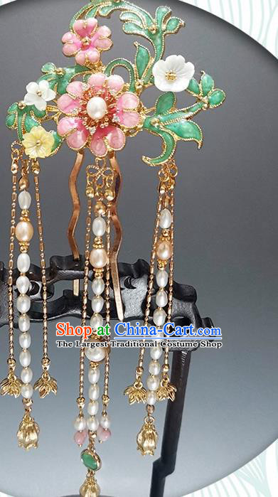 Chinese Ancient Princess Enamel Peach Blossom Hairpin Traditional Ming Dynasty Pearls Tassel Hair Stick