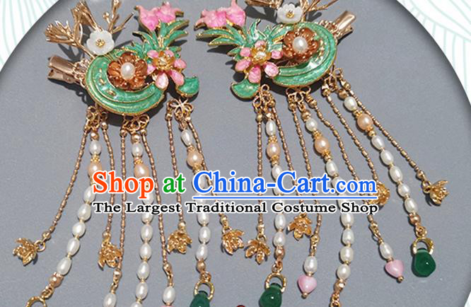 Chinese Ancient Young Beauty Enamel Hair Stick Traditional Ming Dynasty Pearls Tassel Hair Claws