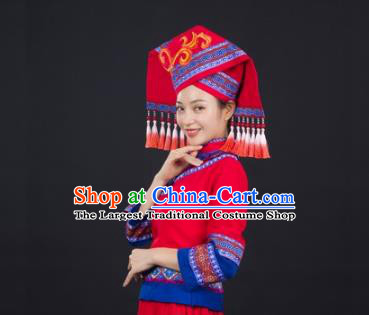 Chinese Traditional Zhuang Nationality Red Suits Guangxi Minority Performance Dress Ethnic Folk Dance Garment Clothing and Hat