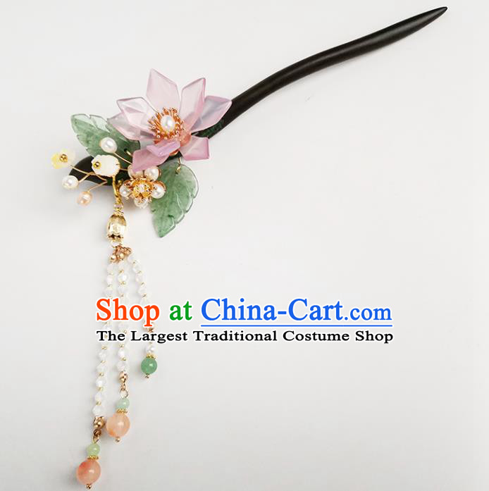 Chinese Ancient Princess Beads Tassel Ebony Hairpin Traditional Song Dynasty Pink Lotus Hair Stick