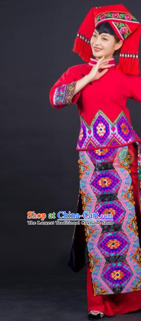 Chinese Guangxi Minority Performance Dress Ethnic Folk Dance Garment Clothing Traditional Zhuang Nationality Red Suits and Headwear