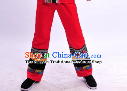 Chinese Traditional Guangxi Ethnic Wedding Male Red Suits Clothing Zhuang Nationality Stage Performance Shirt and Pants