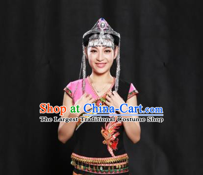 Chinese Traditional She Nationality Suits Guangxi Minority Short Dress Ethnic Folk Dance Garment Clothing and Hair Accessories