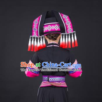 Chinese Traditional Zhuang Nationality Folk Dance Black Suits Guangxi Minority Dress Ethnic Festival Garment Clothing and Tassel Hat