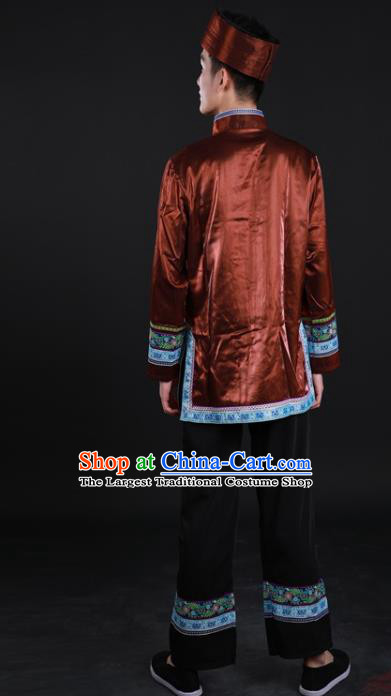 Chinese Traditional Miao Ethnic Male Brown Suits Clothing Hmong Nationality Folk Dance Shirt and Pants